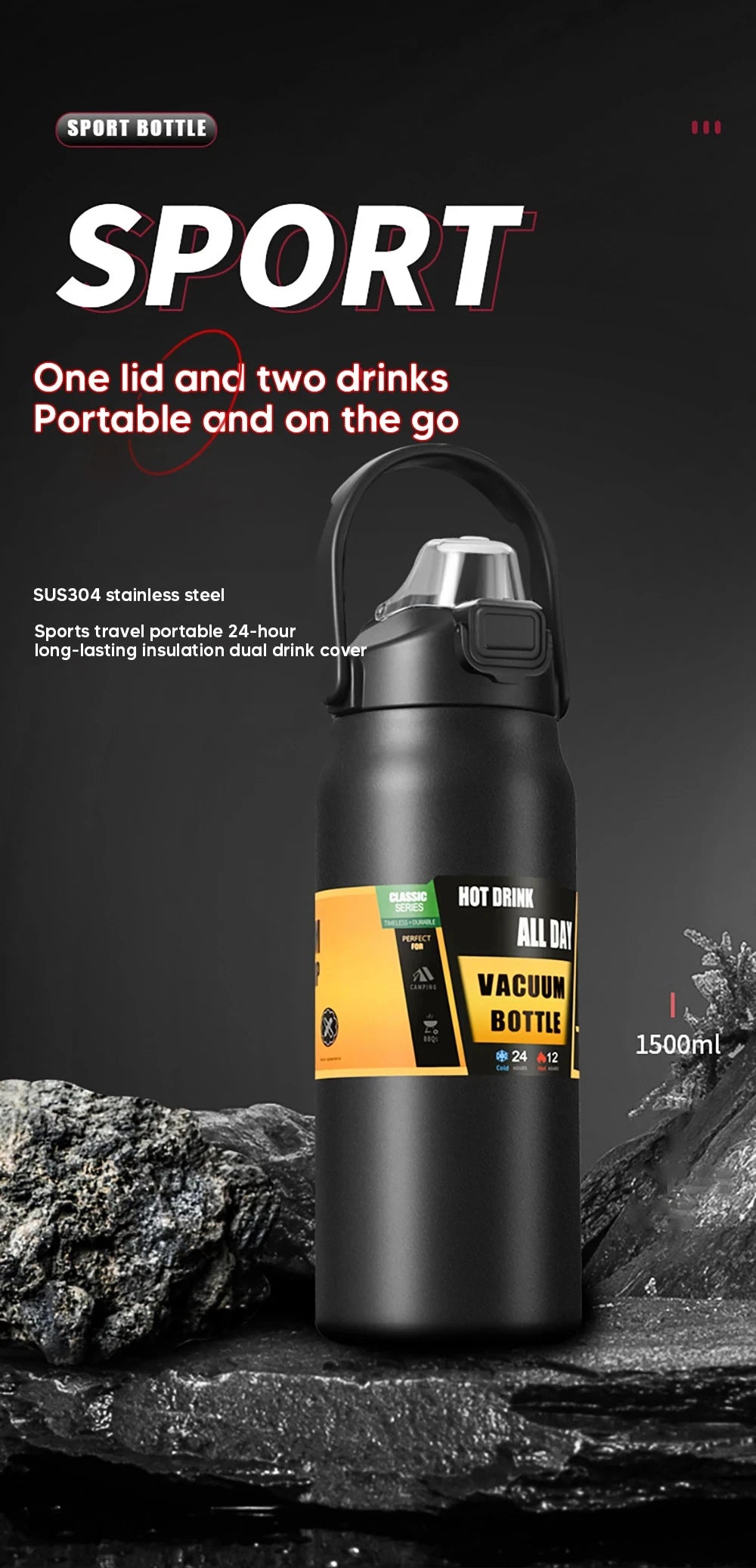 1.5L Tumbler Large Capacity Thermo Bottle With Straw Stainless Steel Thermal Water Bottle Cold and Hot Thermo Cup Vacuum Flasks