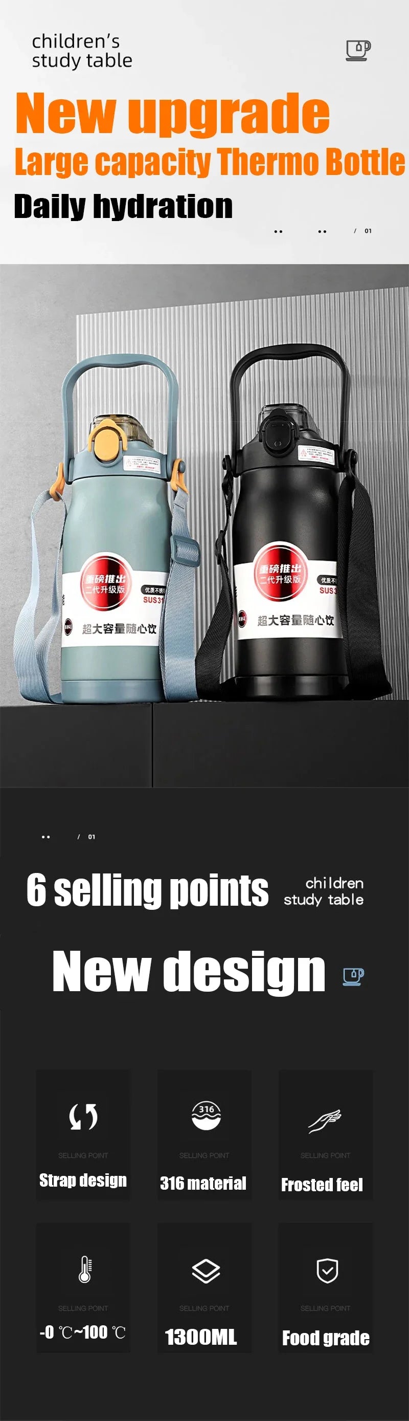 680ML/1000ML/1300ML Thermos Bottle Stainless Steel Portable Thermal Mug Large Capacity Thermo Bottle with Tumbler Sports Cup New