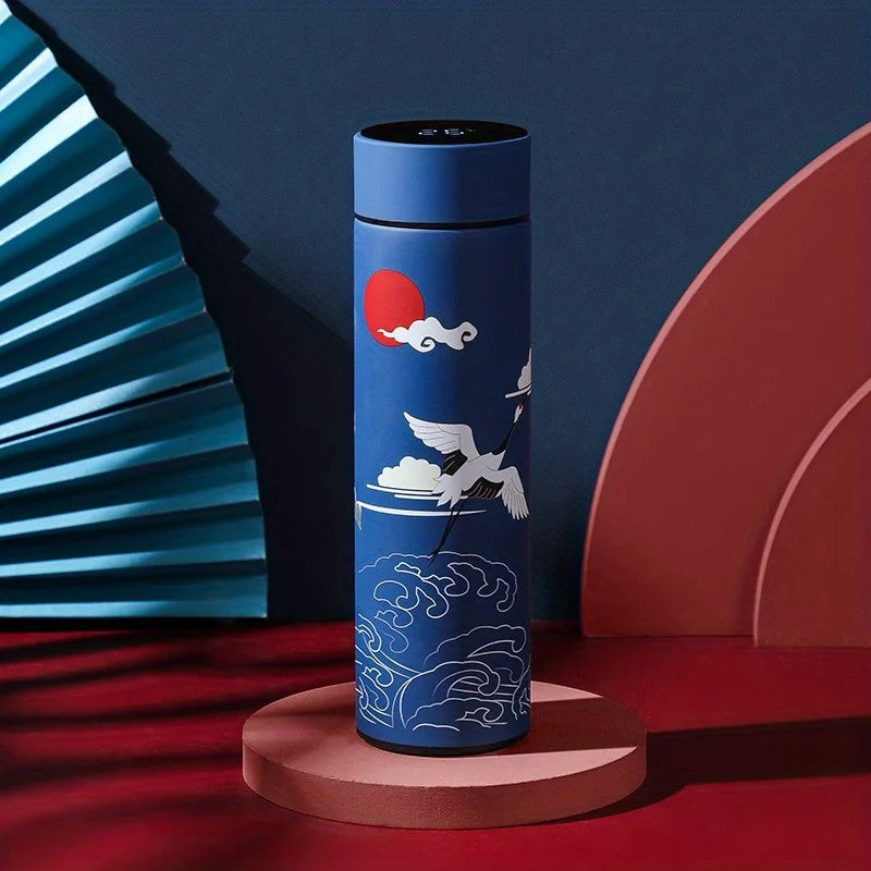 1pc Chinese Style Thermal Water Bottle, Retro Smart Temperature Display Insulated Cup, Stainless Steel Water Cup